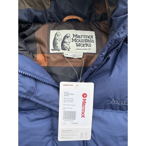 Marmot Womens Strollbridge Parka Medium Blue Hood Mid Length 700 Fill Down NWT - Picture 2 of 5